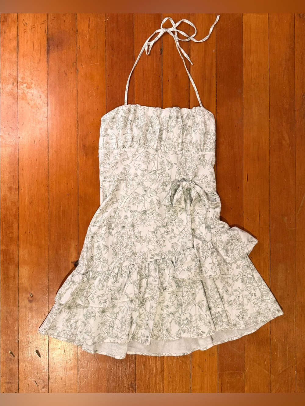 White/Green Halter Style Sun Dress